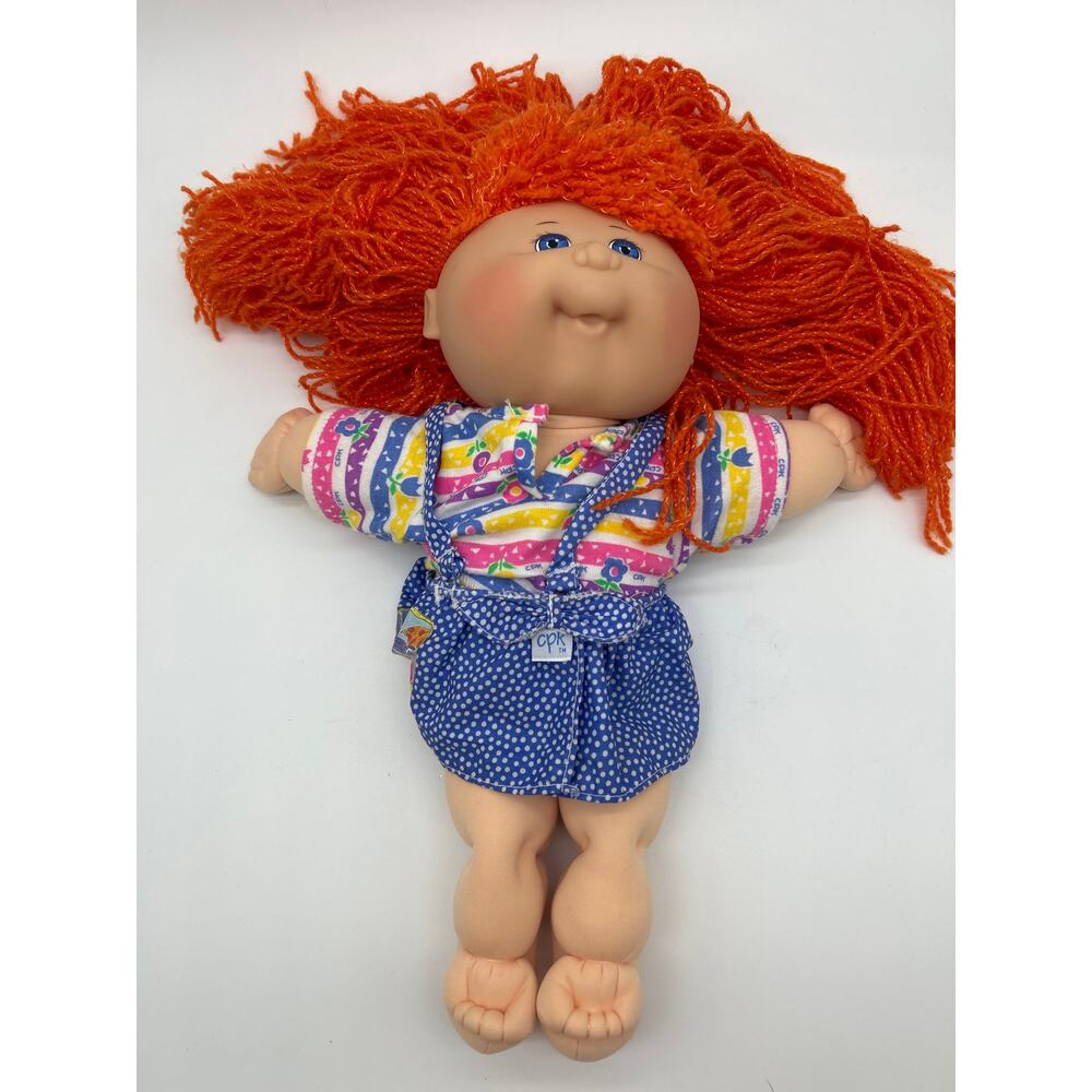 Vintage 1995 Cabbage Patch Kids Red Yarn Hair Doll Blue Polka Dot Outfit Retro